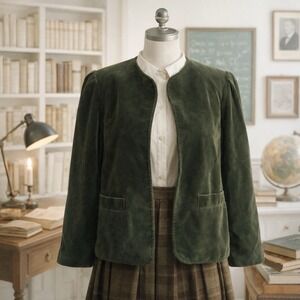 Koret 80s Vtg Velvet Blazer Academia Green USA‎ made Women M? Open Front Coat